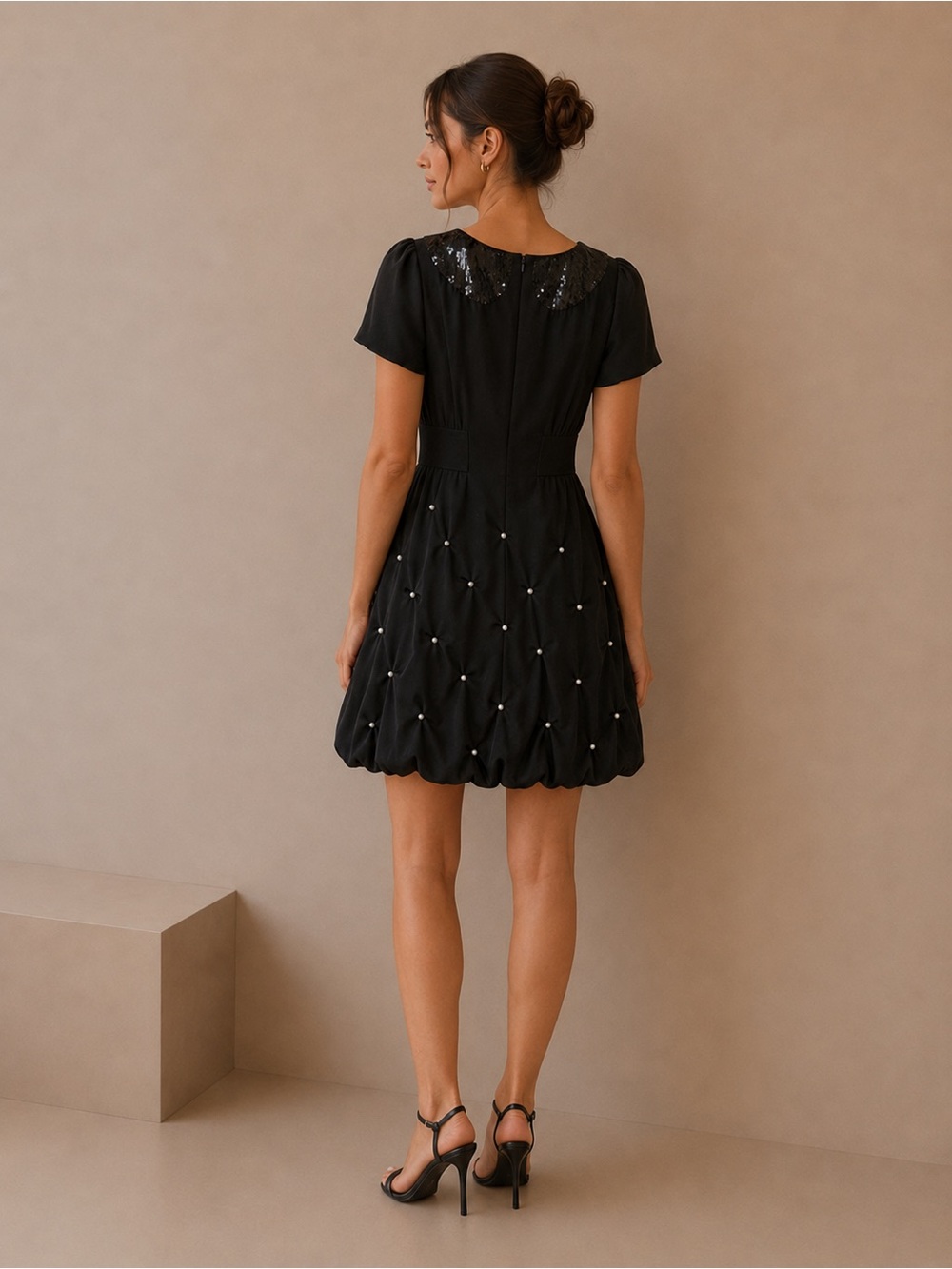 Sretsis Black Bubble Hem Dress Size 2 Sequin Collar Pearl Detail Puff Sleeve - Picture 2 of 6